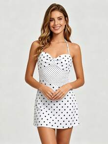 Women's Halter Neck Mini Dress Summer Fashionable Dot Print Sleeveless Backless Spaghetti Strap Dress - Blanco - Ver 3