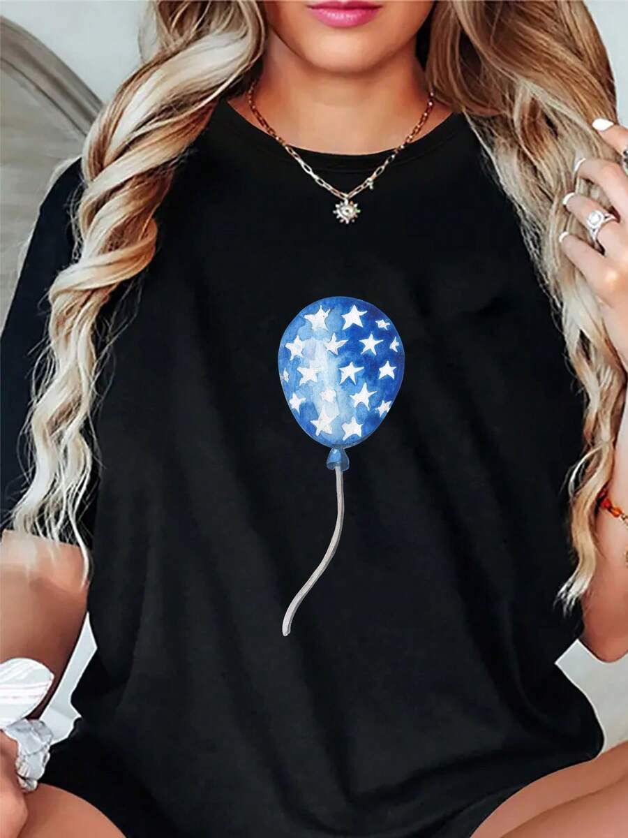Happy New Year, New Year's Gift, Elegant Blue Five-Pointed Star Balloon, Fashionable Women's Casual Sporty Style, Breathable, Sweat-Absorbing, Lightweight, Comfortable, Soft Printed Sports T-Shirt - 黑色 - 查看 1
