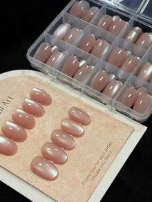 144片/盒 中號方形貓眼亮片裸粉色貓眼穿戴式美甲貼片 夏季女性美甲貼紙 - 淺粉色 - 查看 7
