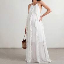Bump Style Maternity Dress, Elegant Casual Daily Commute Vacation Minimalist Sexy Backless White Dress, Birthday Party Dress, Vintage Style Dress, Bodycon Dress, Solid Color Round Neck Sleeveless Waist-Cinching Mid-Length/Long Dress, Bohemian Style - White - View 8