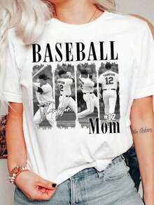 1 Piece Personalized Baseball Mom T-Shirt, Custom Name And Number T-Shirt, Baseball Player Photos, Baseball T-Shirt, Softball T-Shirt, Game Day T-Shirt, Sporty Mom T-Shirt, 180g 100% Soft Cotton. - 白色 - 查看 12