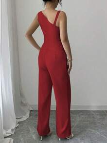 Conjunto de mujer de chaleco sin mangas con botones y tirantes oblicuos para primavera/verano + pantalones rectos con botones - Rojo - Ver 2