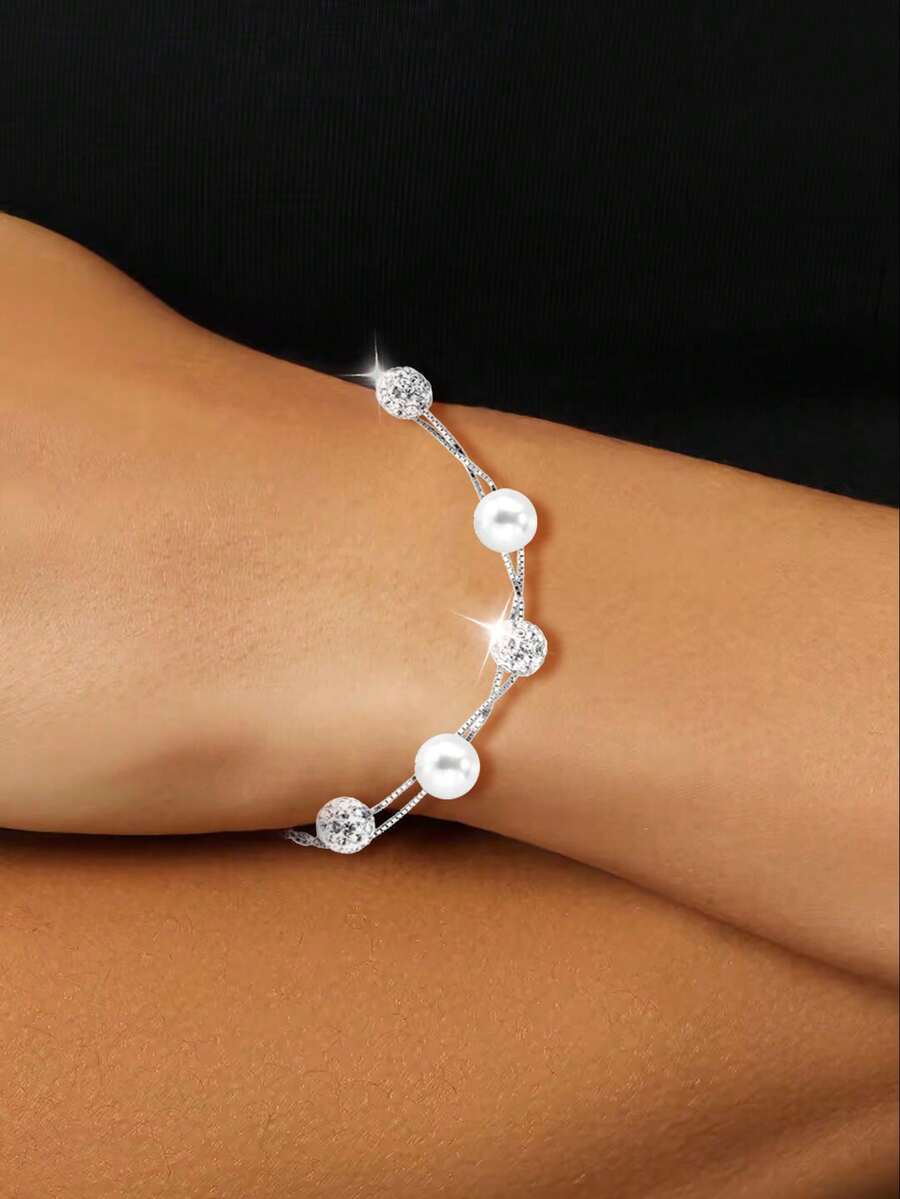 1 chiếc vòng tay hai lớp sang trọng bằng bạc S925 đính đá Zirconia và ngọc trai, trang sức thanh lịch, tinh tế, dành cho phái nữ, thích hợp cho các bữa tiệc, trang phục thường ngày, món quà tuyệt vời. - ngọc trai - Xem 1