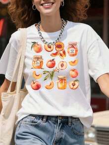 Black T-Shirt With Peach And Jam Jar Print, Women's Casual Summer Top, Fruit Print T-Shirt For Everyday Wear And Gift - Urban Vintage Style, Unisex, Cotton, Short Sleeve, Round Neck. - 白色 - 查看 7