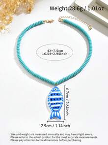 1件波西米亚风手工串珠绿色项链，配手绘鱼形吊坠，夸张个性创意串珠项链，适合女性日常、海滩、派对佩戴 - 綠藍 - 查看 5