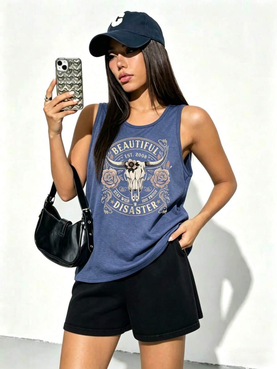 Beautiful Disaster Cow Skull Roses Tank Top Women's Summer Graphic Tee Loose Fit Beach Vacation Outfit - Màu xanh hải quân - Xem 1