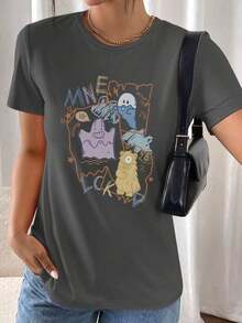 Camiseta gráfica de manga corta con cuello redondo y estampado de monstruos casual para mujer - Gris - Ver 6