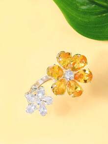 1 chiếc nhẫn kiểu Pháp thanh lịch với hai bông hoa, thiết kế tối giản, có thể điều chỉnh kích thước, đính pha lê hình hoa trà, phụ kiện dành cho nữ, phù hợp cho tiệc tùng và đi lại hàng ngày. - Bạc - Xem 4