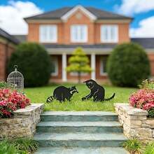 Decoração de Jardim de Metal em Formato de Gato e Guaxinim em Peça Única, Arte de Silhueta de Animal Fofo para Pátio, Ornamento de Gramado para Uso Externo em Qualquer Clima, Adequado para Jardins de Pátio, Presente Ideal para Amantes de Guaxinins e Gatos. - gato - Visão 8