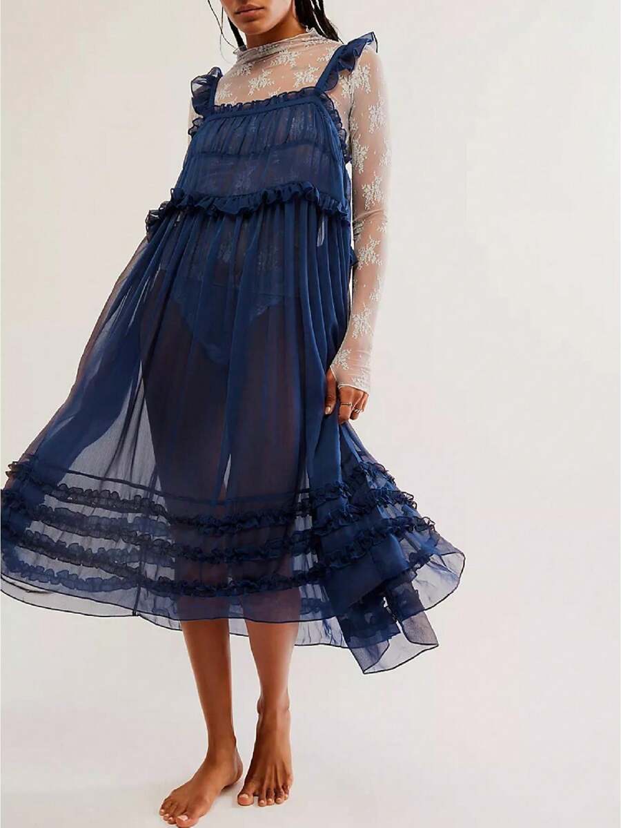 Women See Through Flowy Long Dress Sleeveless Ruffle Sheer Mesh Maxi Beach Dress Vocation Bikini Coverups - Navy Blue - View 1