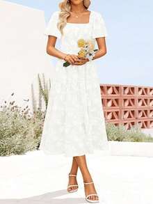 Crowd Favorite Mid-Length Square Neck Floral Print Dress - White - View 2