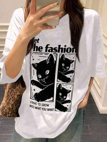 Camiseta holgada y casual de mujer con estampado de gato y letras, tops lindos, camisetas gráficas, atuendos de maestro - Blanco - Ver 6