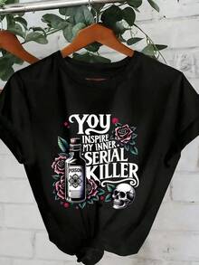 Women's Vintage Casual T-Shirt, Round Neck And Short Sleeves, With Graphic Print "You Awoke My Inner Serial Killer", Suitable For Spring, Summer And Autumn, Black. - Black - View 11