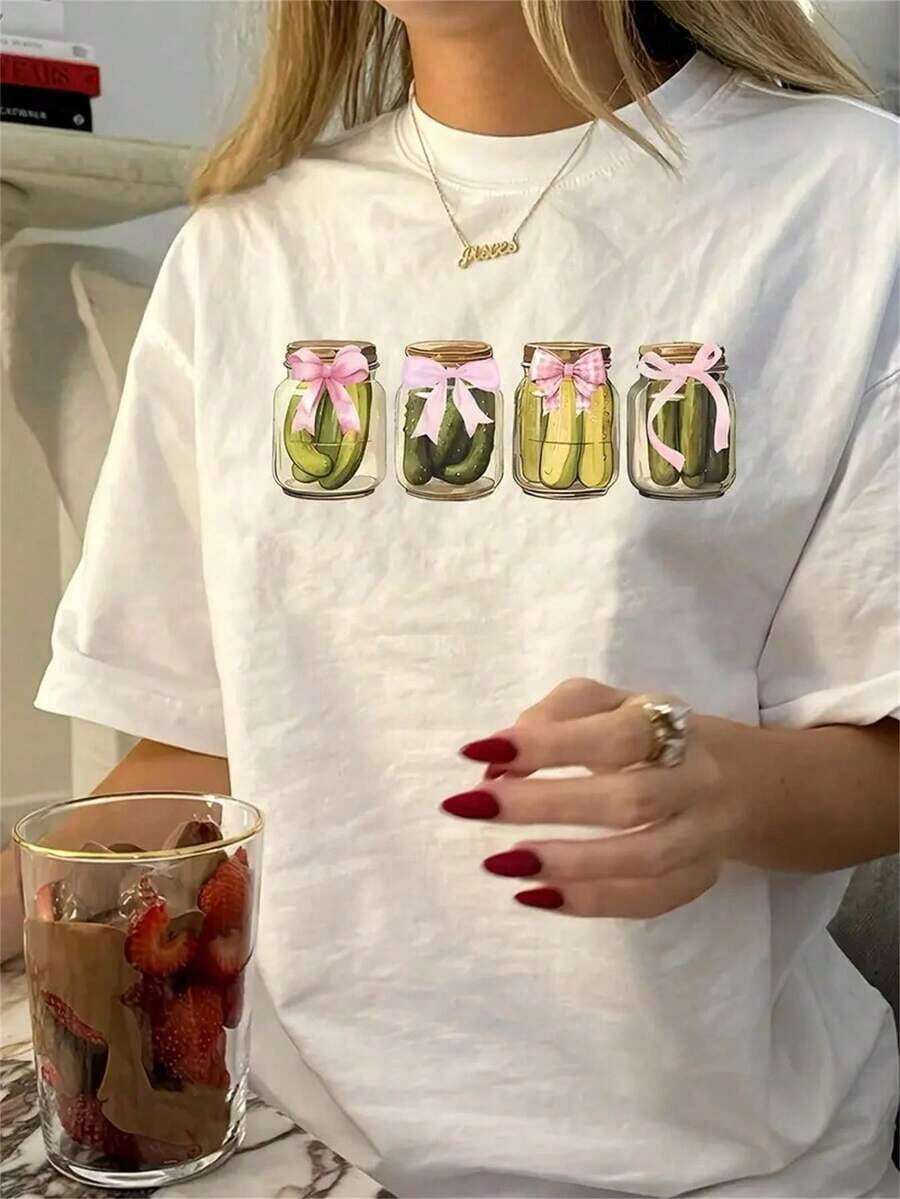 Women's Plus Size Casual T-Shirt, Pickle Cucumber Print, Short Sleeve, Suitable For Spring And Summer, 100% Cotton - 白色 - 查看 1