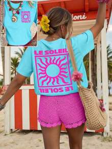 Camiseta de mujer, camiseta gráfica de manga corta de estilo casual de calle, linda blusa de verano - Azul - Ver 1