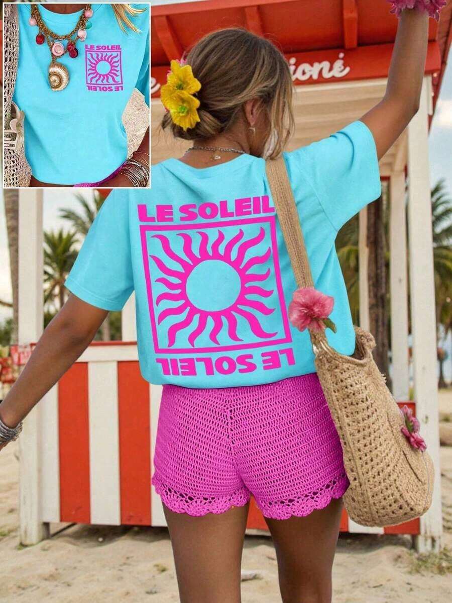 Camiseta de mujer, camiseta gráfica de manga corta de estilo casual de calle, linda blusa de verano - Azul - Ver 1