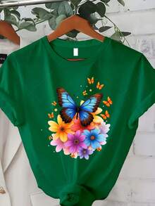 Talla Grande - Camiseta con Estampado Floral de Mariposas Coloridas, adecuada para mujeres de talla grande, es la elección perfecta para la moda casual de verano. Esta camiseta de manga corta y cuello redondo es perfecta para el verano y el otoño, lo que la convierte en un excelente regalo para el Día de Acción de Gracias y Navidad. Idea de regalo - Verde - Ver 1