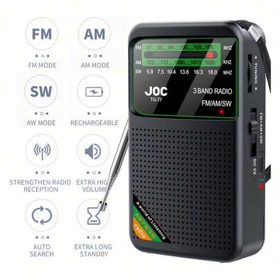 Forest Bowei Emergency Pocket Radio - Rechargeable Mini FM/AM/SW Radio With HD LCD Screen, Long-Range Reception, Headphone Jack, Portable Battery Transceiver, Suitable For Indoor/Outdoor, Camping, News, Events, Battery Capacity: 500mAh