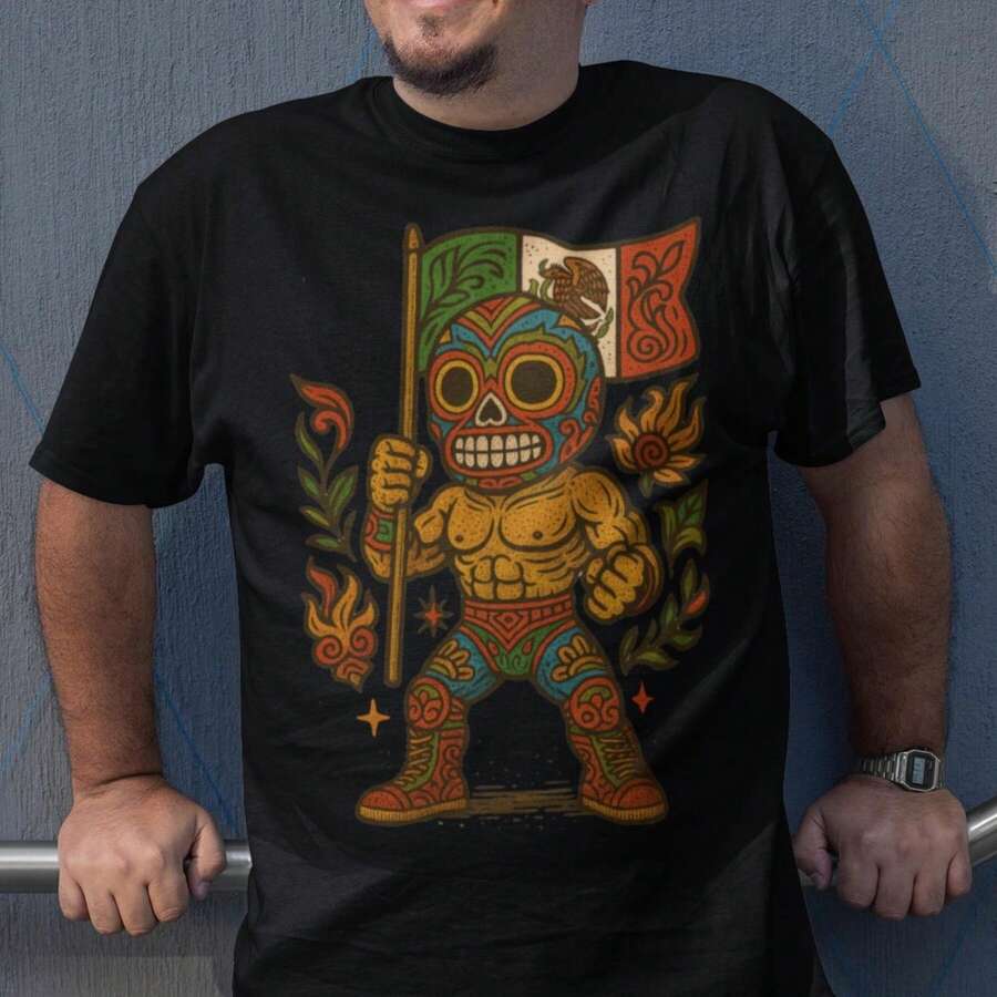 Patriotic Wrestler T-Shirt - Wrestling T-Shirt With Sugar Skull And Mexican Flag - 100% Cotton Unisex T-Shirt - Premium Casual Comfortable Fit - 黑色 - 查看 1