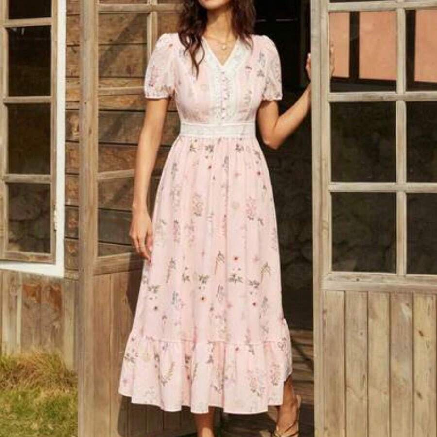 Women's Summer French Elegant Casual Design Lace Patchwork V-Neck Short Sleeve Waist Cinched Long Textured Print Casual Dress Women's Floral Midi Dress Elegant Floral Dress - Rosa Pálido - Ver 1