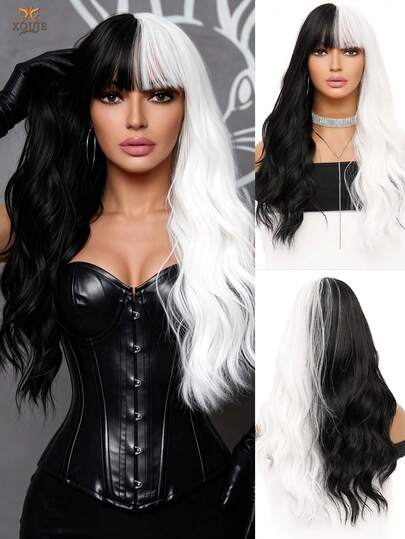 26-Inch Black And White Long Wavy Wig With Bangs – Women's Heat-Resistant Synthetic Curly Wig, Perfect For Cosplay, Halloween Parties, And Festive Fashion