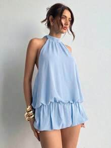 casual de verano para mujer con cuello halter, unicolor y volantes en el bajo - Celeste - Ver 4