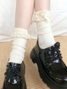 1 Pair/2 Pairs Black Lace Bow Ruffle Mid-Calf Socks, Sweet Short Socks, Spring/Summer Style For Women - Multicolor - View 4