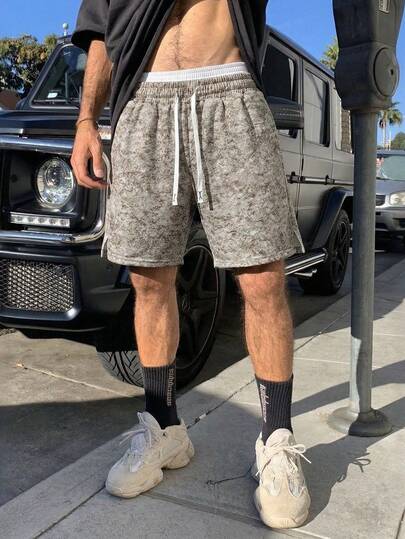 Distressed Faded Gray American Street Style Drawstring Waist Loose Casual Bermuda Shorts For Men