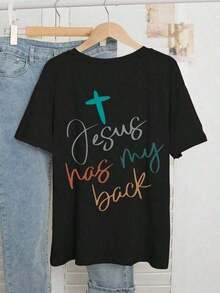 Tops de Primavera  Camiseta de Verano Casual para Mujer con Estampado de Corazones y Letras, Cuello Redondo, Holgada y Cómoda, Transpirable y Confortable - Negro - Ver 2