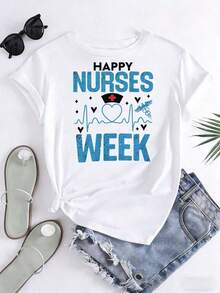 Camiseta para la Semana de las Enfermeras con Estampado de Gorro de Enfermera, Latido del Corazón y Caduceo para Celebración de la Semana de las Enfermeras - Blanco - Ver 3