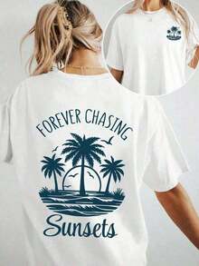 [Local Delivery]Women's T-Shirt [Local Delivery]Women's T-Shirt Women's Beachwear, Sunset And Coconut Tree Print T-Shirt, Beach Style, Short Sleeve, Loose Fit, Breathable, Comfortable, With Letter Print, Free Shipping - 白色 - 查看 6