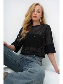 Women's Beaded Mesh Round Neck Short Sleeve Top - Black - View 4
