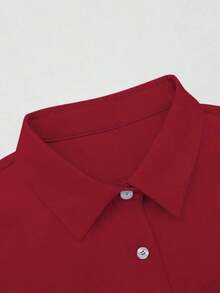 Camisa casual de mujer de unicolor, de manga larga, de un solo pecho y con bolsillo - Rojo - Ver 3