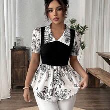 Women's Spring/Summer Exquisite Elegant Colorblock Patchwork Square Neck Ruched Waist Printed Short Sleeve Top, Suitable For Casual Daily Life, Travel, Beach, Music Festivals, Commuting - Multicolor - Ver 2