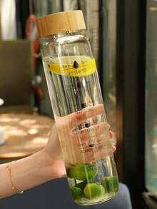1 Stück Ins-Stil abgestufter Glasbecher, tragbarer Becher aus hochwertigem Borosilikatglas mit Holzmaserungs-Deckel, transparenter minimalistischer Wasserbecher für Frauen, Büroangestellte, Büronutzung - Verschiedenfarbig - Übersicht 9