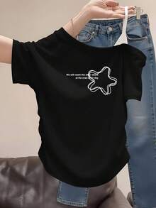 日式白色不對稱領口星星與字母印花短袖T恤，美學休閒黑色夏季款 - 黑色 - 查看 4