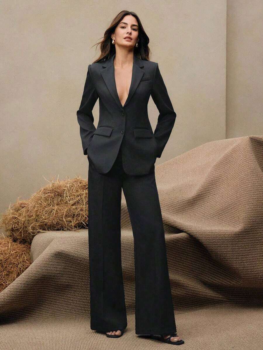 Set de traje de 2 piezas para mujer, Blazer multicolor + Pantalón de pierna recta - Gris Oscuro - Ver 1