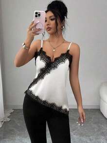 Camiseta de mujer de estilo francés elegante con contraste de color y encaje, con bajo asimétrico - Blanco - Ver 3