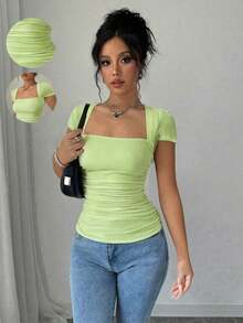 Raffinéa Camiseta ajustado de moda con mangas raglan, cuello en U, cintura fruncida, elástica, blanca, para primavera/verano, para mujeres - Verde - Ver 1