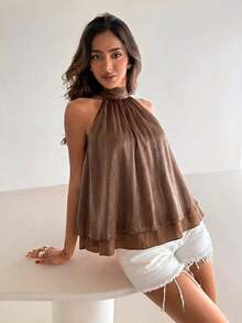 Camiseta sin mangas de gasa con cuello halter, fruncida y con línea A, de estilo bohemio minimalista y sexy, color morado berenjena, para primavera/verano - Marrón - Ver 6