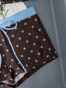 Conjunto de bikini de 2 piezas para mujer - Estampado de estrella con ribete sólido, parte superior tipo triángulo con escote halter (adornada con acentos de cuentas), Bottom tipo short de tiro alto, elegante ropa de playa de verano, traje de baño de tira - Marrón - Ver 5