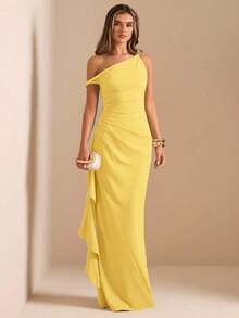 de dama de honor de otoño/invierno, vestido largo elegante con pliegues, abertura alta, volantes y hombros oblicuos con nudo retorcido y sin tirantes, sexy para fiestas - Amarillo - Ver 8