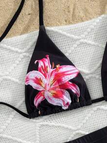 Traje de baño con estampado floral de moda: Top de bikini tipo camiseta con estampado de loto negro + Bottom de traje de baño de talle alto - Conjunto de traje de baño elegante y cómodo para vacaciones de verano, playa y uso en resort en color rojo - Negro - Ver 6