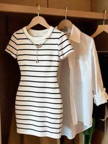 Vestido mini casual de mujer a rayas, de verano - Albaricoque - Ver 3