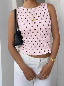 Blusa de lunares elegante y lujosa, blusa de verano azul elegante con fruncidos para mujeres, conjunto sexy con volantes y dobladillo fruncido, top corto sin mangas para vacaciones y playa, camisa de lunares con textura de moda - Rosa - Ver 7