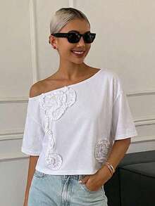 Blusa casual de verano para mujer con cuello redondo, manga corta suelta y 3D plisada con flor - Blanco 4 - Ver 4