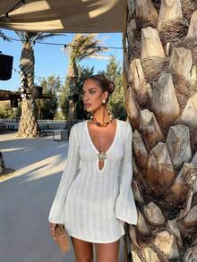 Vestido de manga larga de punto para mujer, estilo de vacaciones en la playa - Blanco - Ver 4