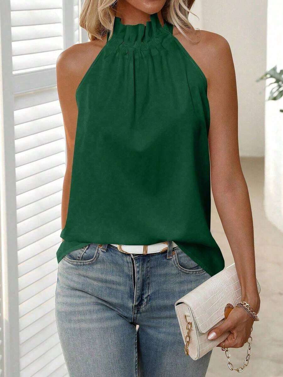 Blusa plisada de unicolor, versátil y casual para uso diario - Verde Oscuro - Ver 1