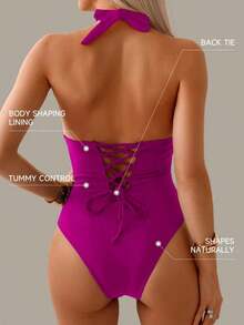 Traje de baño de una pieza con control de abdomen, estilo minimalista de unicolor, con escote halter y espalda descubierta, para vacaciones de verano en la playa - Rojo violeta - Ver 2