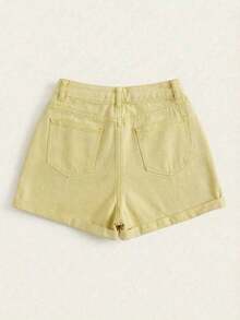 Pantalones cortos vaqueros de cintura alta enrollados para el verano - Amarillo - Ver 2
